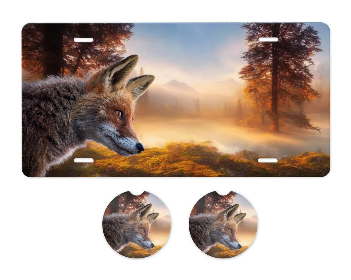 Fox in Foggy Forest Aluminum Front License Plate and Car Coaster Set
