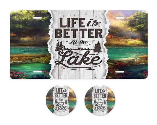 Life is Better at the Lake Aluminum Front License Plate and Car Coaster Set