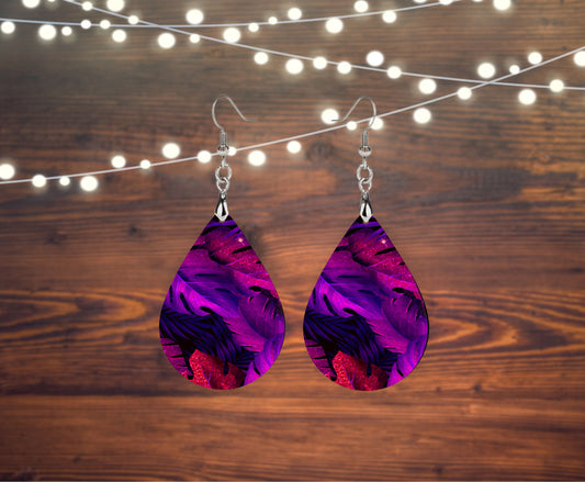 Purple Palms Tropical Print Tear Drop Dangle Printed Earrings Jewelry Handmade