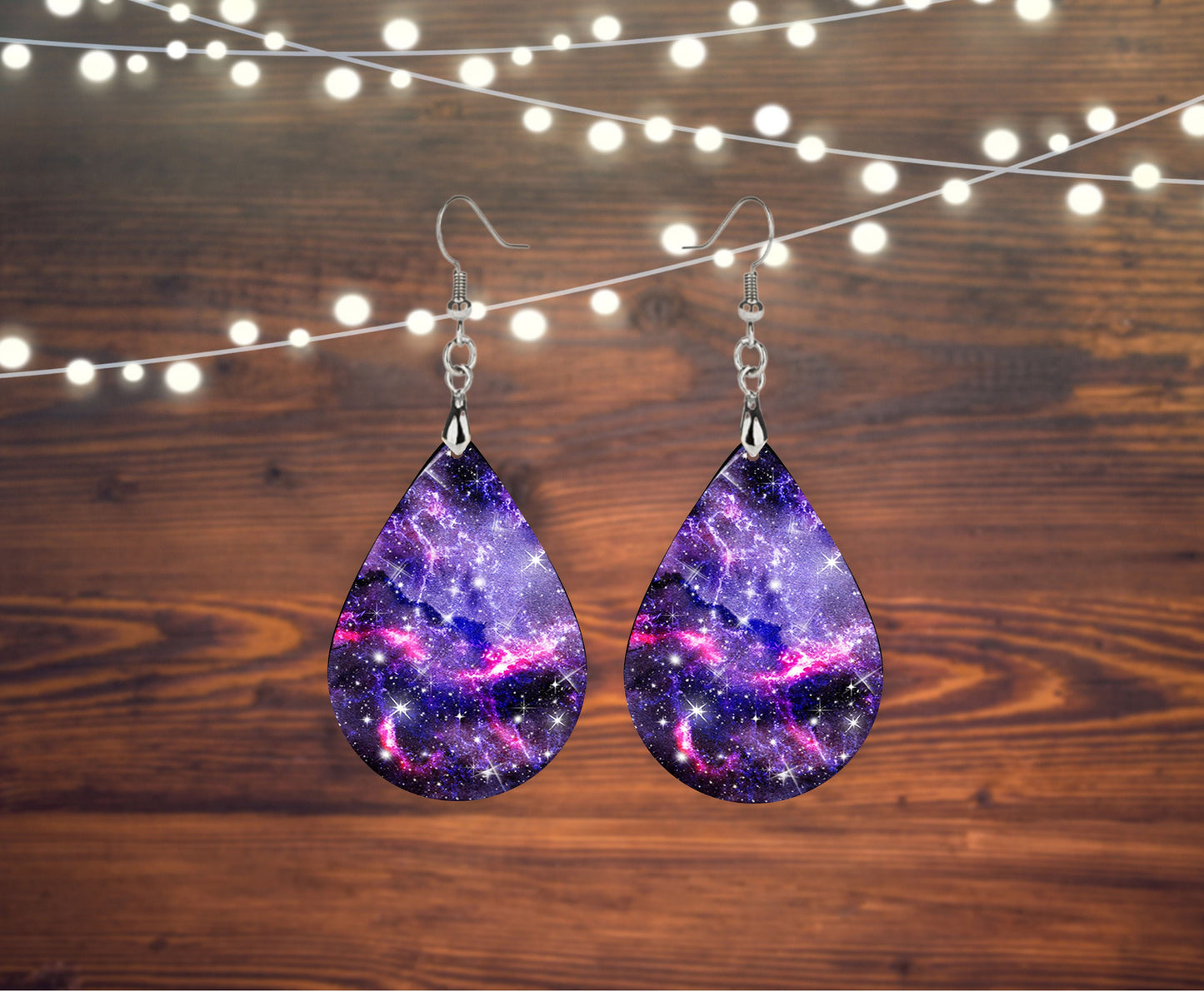 Purple Galaxy Print Tear Drop Wood Dangle Earrings Hypoallergenic