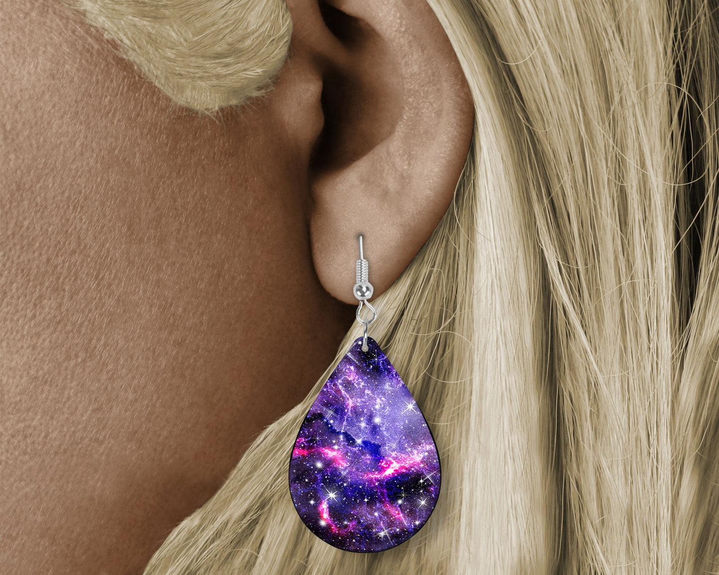 Purple Galaxy Print Tear Drop Wood Dangle Earrings Hypoallergenic