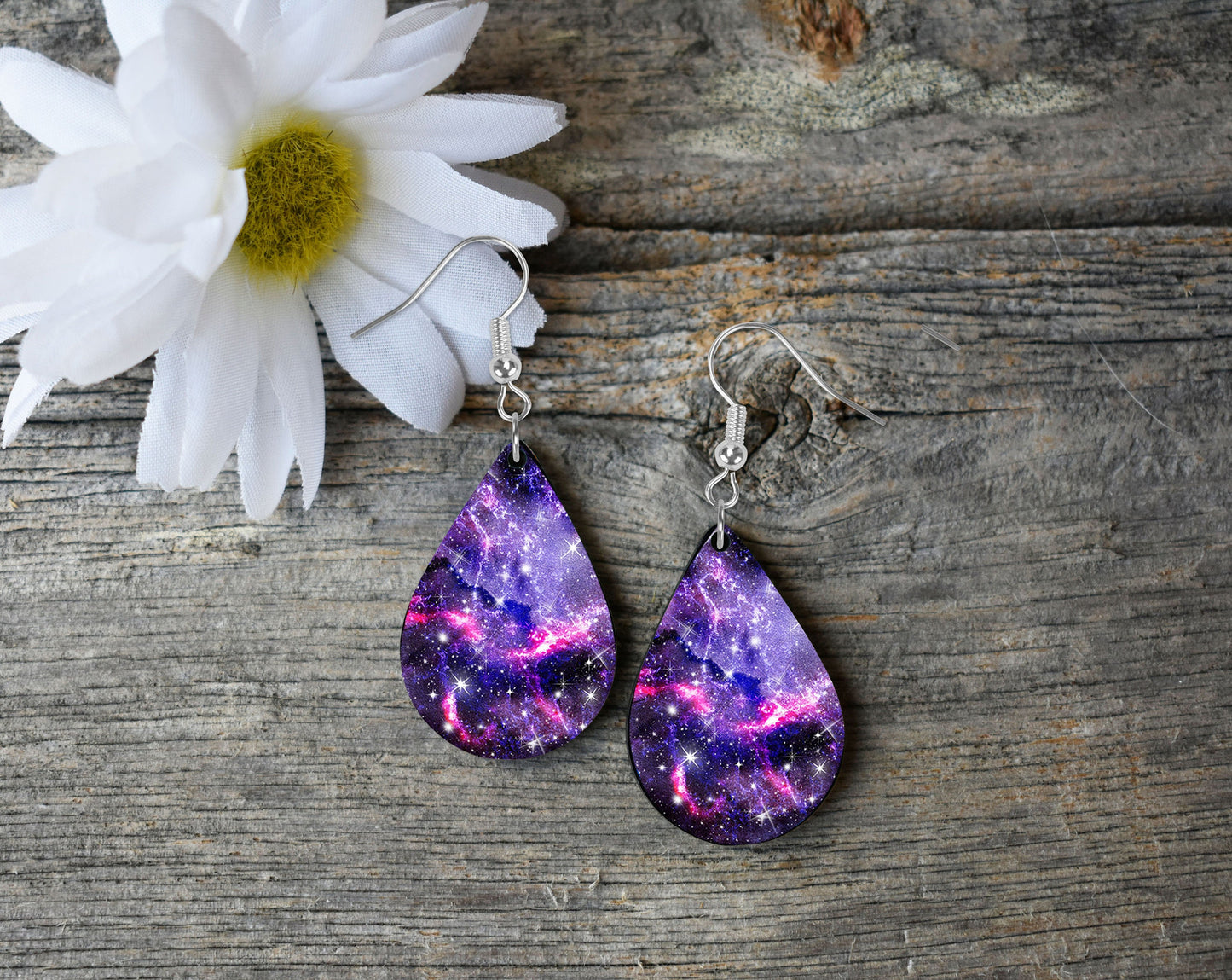 Purple Galaxy Print Tear Drop Wood Dangle Earrings Hypoallergenic