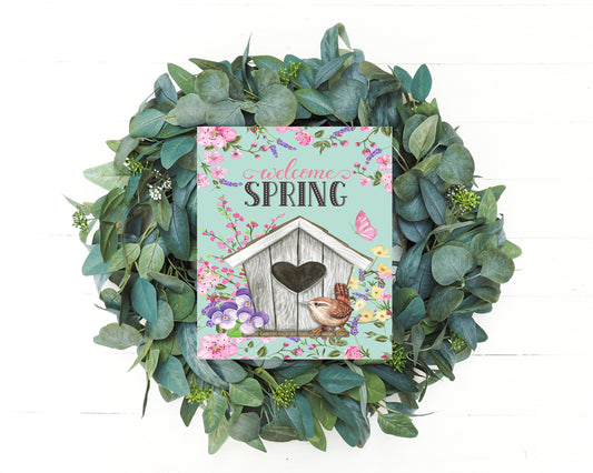 Welcome Spring Birdhouse Printed Handmade Wood Sign