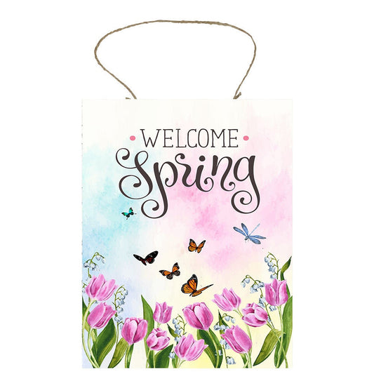 Welcome Spring Tulips and Butterflies Printed Handmade Wood Sign
