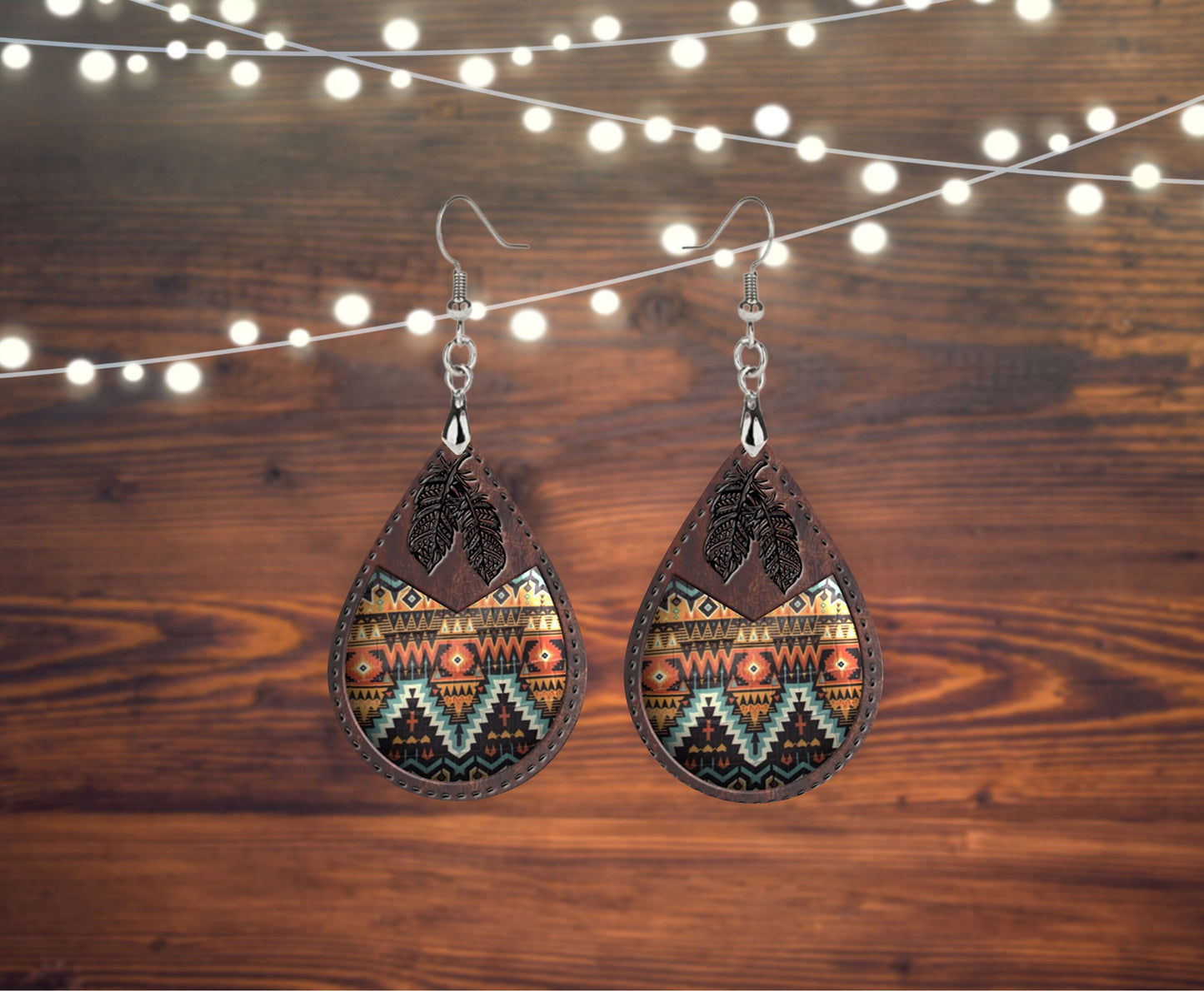 Leather Tribal Feather Tear Drop Dangle Printed Earrings Jewelry Handmade