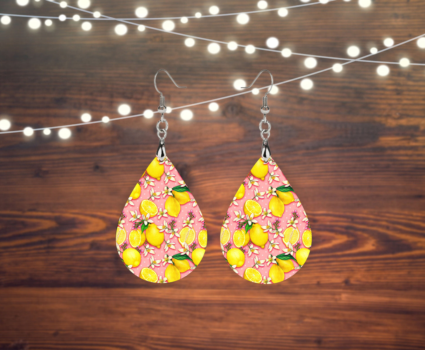 Lemons on Pink Tear Drop Dangle Printed Earrings Jewelry Handmade