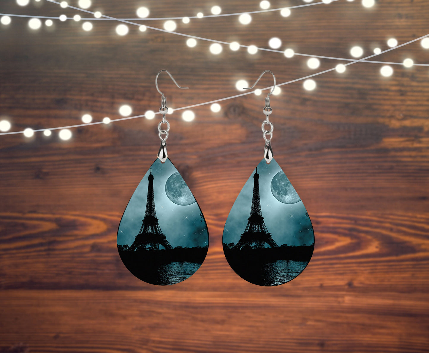 Moon Over Paris Tear Drop Dangle Printed Earrings Jewelry Handmade