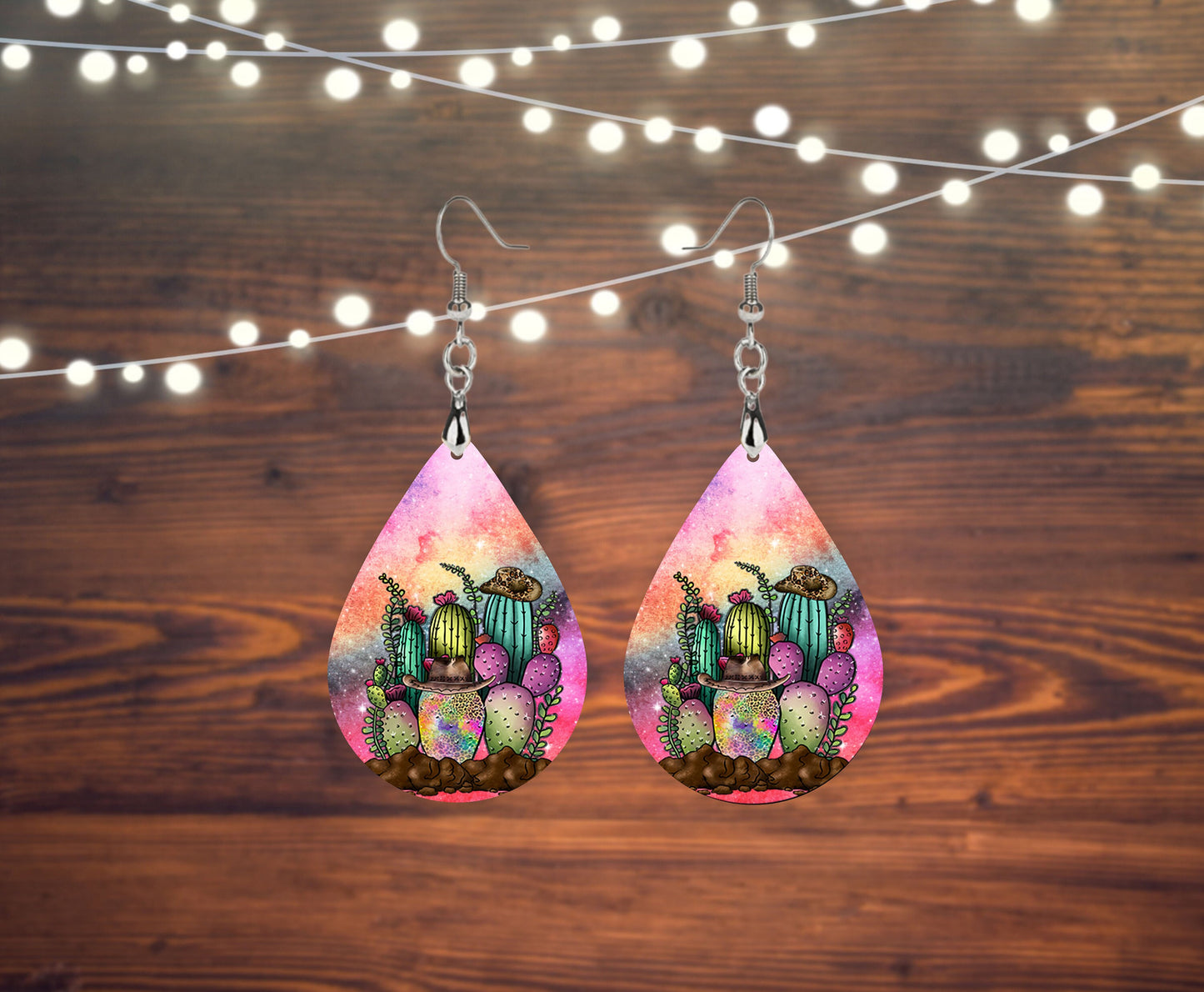 Neon Cactus Tear Drop Dangle Printed Earrings Jewelry Handmade