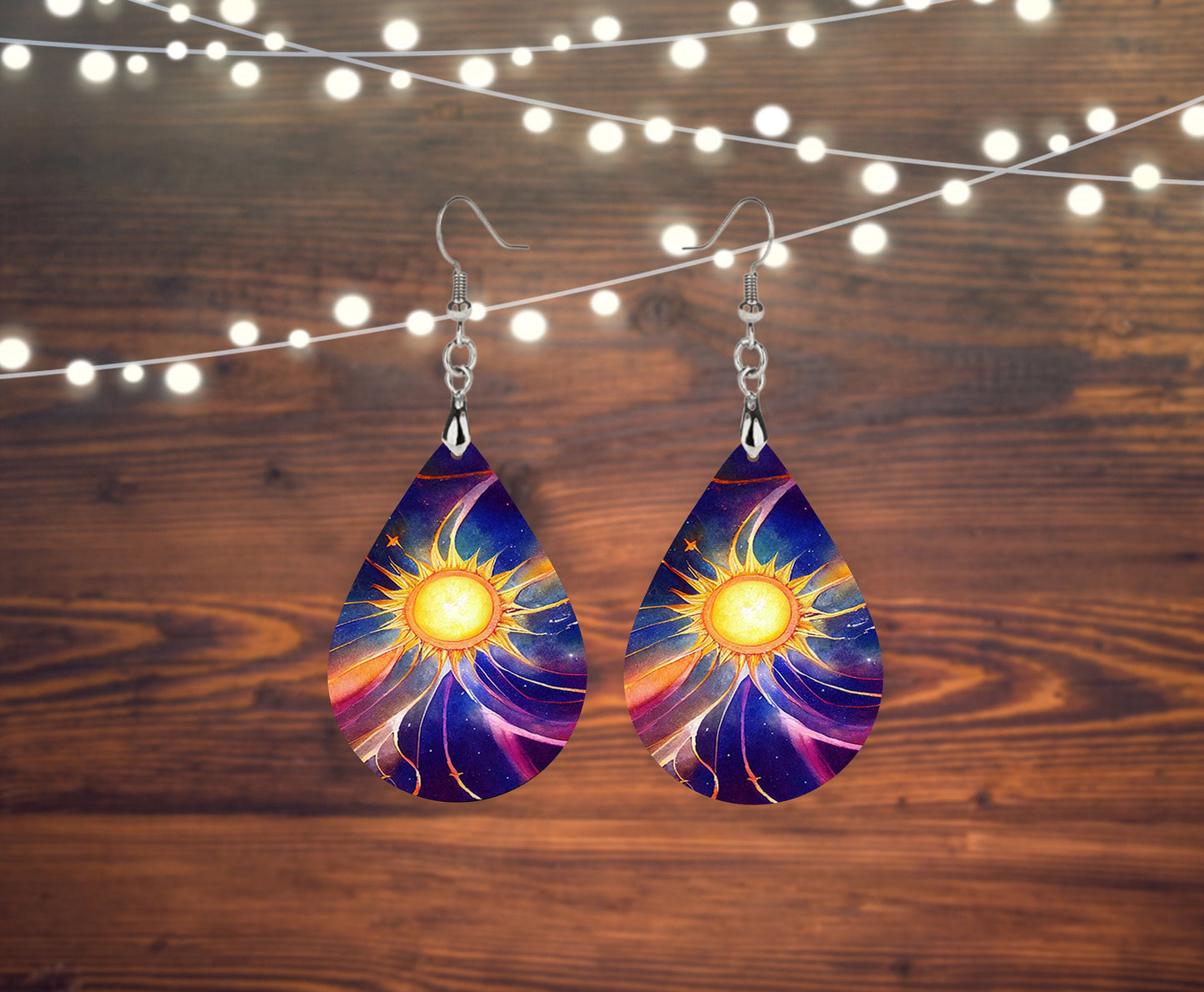 Neon Sun Abstract Tear Drop Dangle Printed Earrings Jewelry Handmade