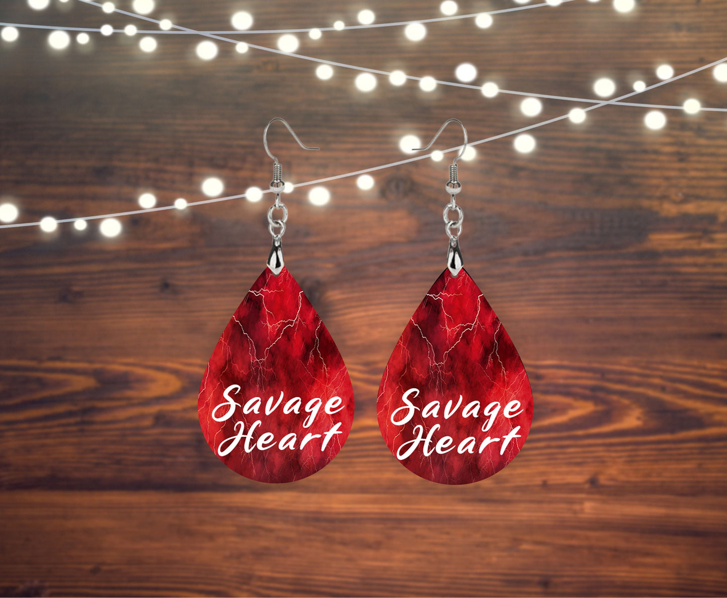 Red Storm Savage Heart Print Tear Drop Wood Dangle Earrings Hypoallergenic Jewelry