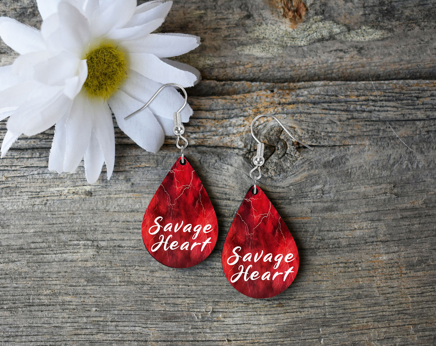 Red Storm Savage Heart Print Tear Drop Wood Dangle Earrings Hypoallergenic Jewelry