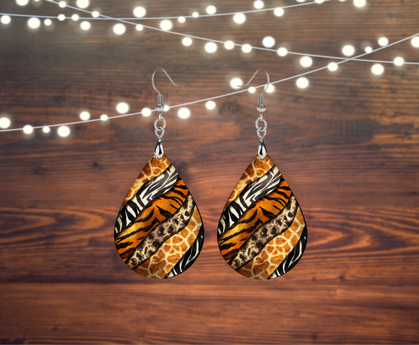 Safari Brush Strokes Animal Print Tear Drop Wood Dangle Earrings Hypoallergenic Jewelry