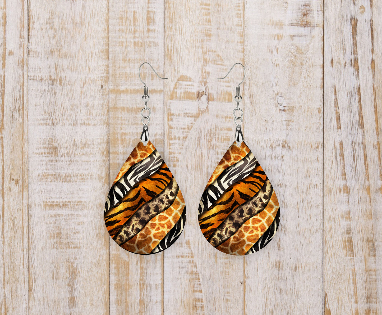 Safari Brush Strokes Animal Print Tear Drop Wood Dangle Earrings Hypoallergenic Jewelry