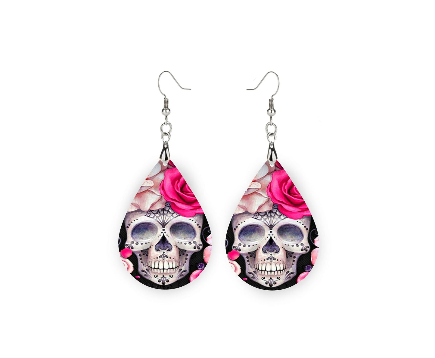 Pink Rose Day of the Dead Sugar Skull Tear Drop Wood Dangle Earrings Hypoallergenic