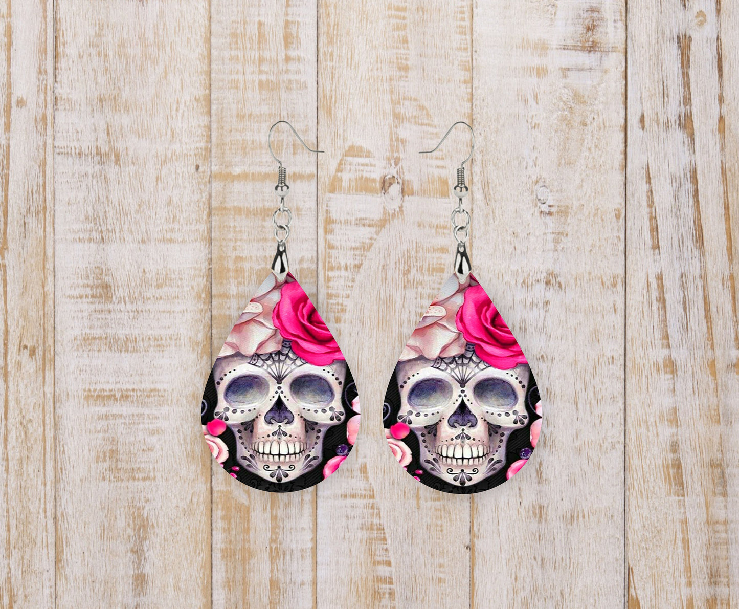 Pink Rose Day of the Dead Sugar Skull Tear Drop Wood Dangle Earrings Hypoallergenic