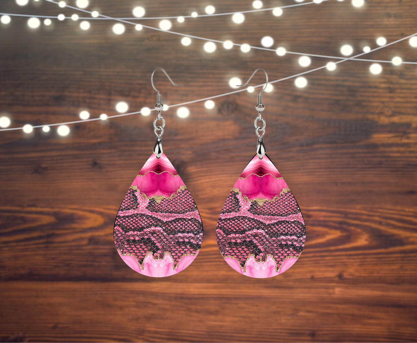 Pink Snakeskin Animal Print Tear Drop Wood Dangle Earrings Hypoallergenic