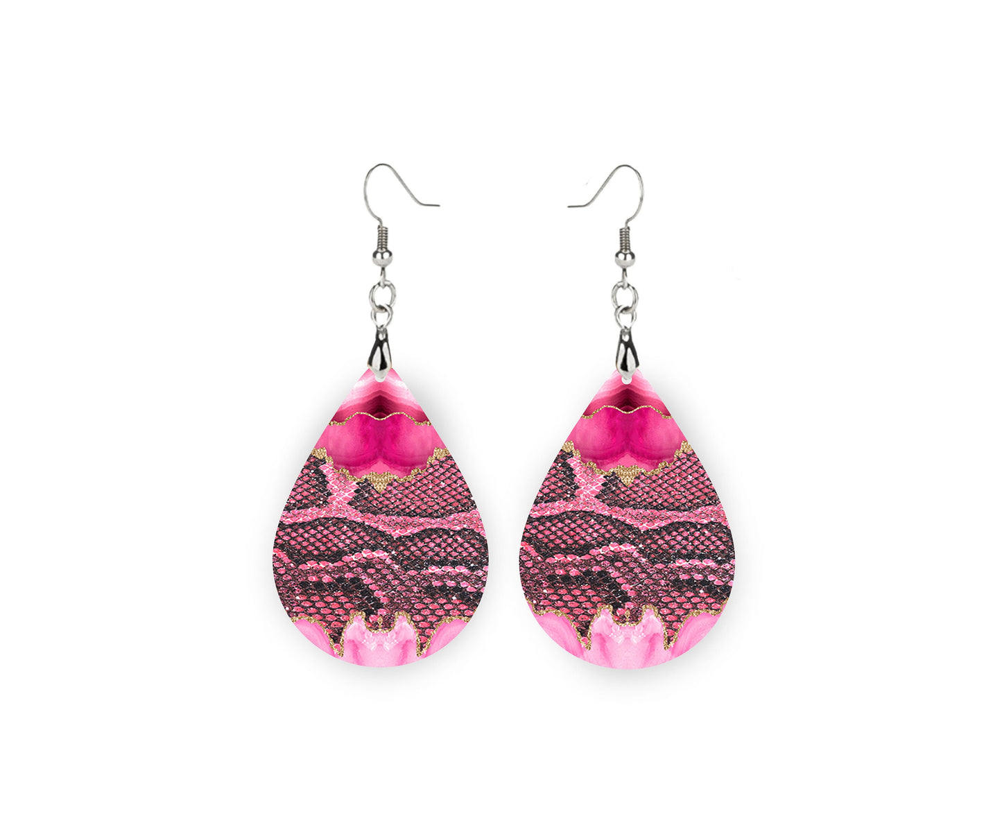 Pink Snakeskin Animal Print Tear Drop Wood Dangle Earrings Hypoallergenic