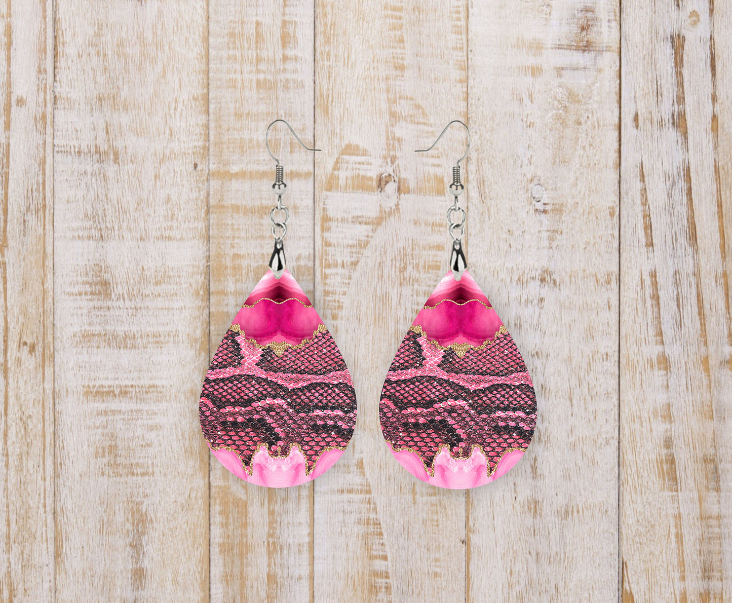 Pink Snakeskin Animal Print Tear Drop Wood Dangle Earrings Hypoallergenic