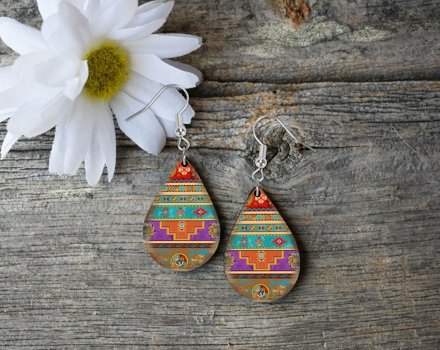 Penny Aztec Tribal Print Tear Drop Dangle Printed Earrings Jewelry Handmade