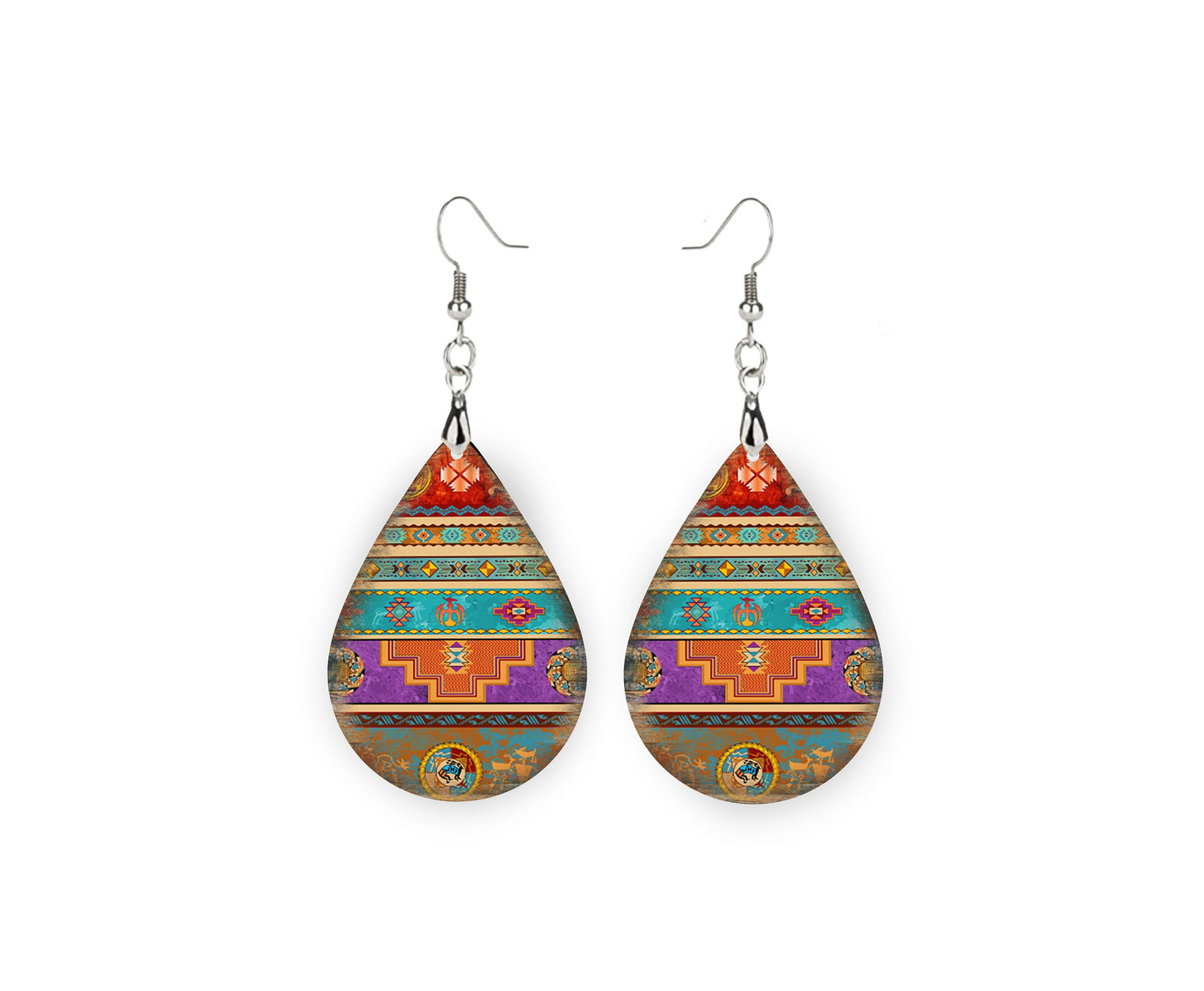 Penny Aztec Tribal Print Tear Drop Dangle Pendientes impresos Joyería hecha a mano