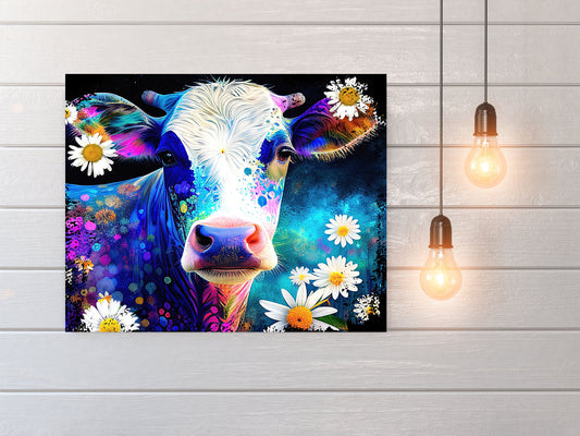 20x16 Cow in Blue Wall Art Canvas Print