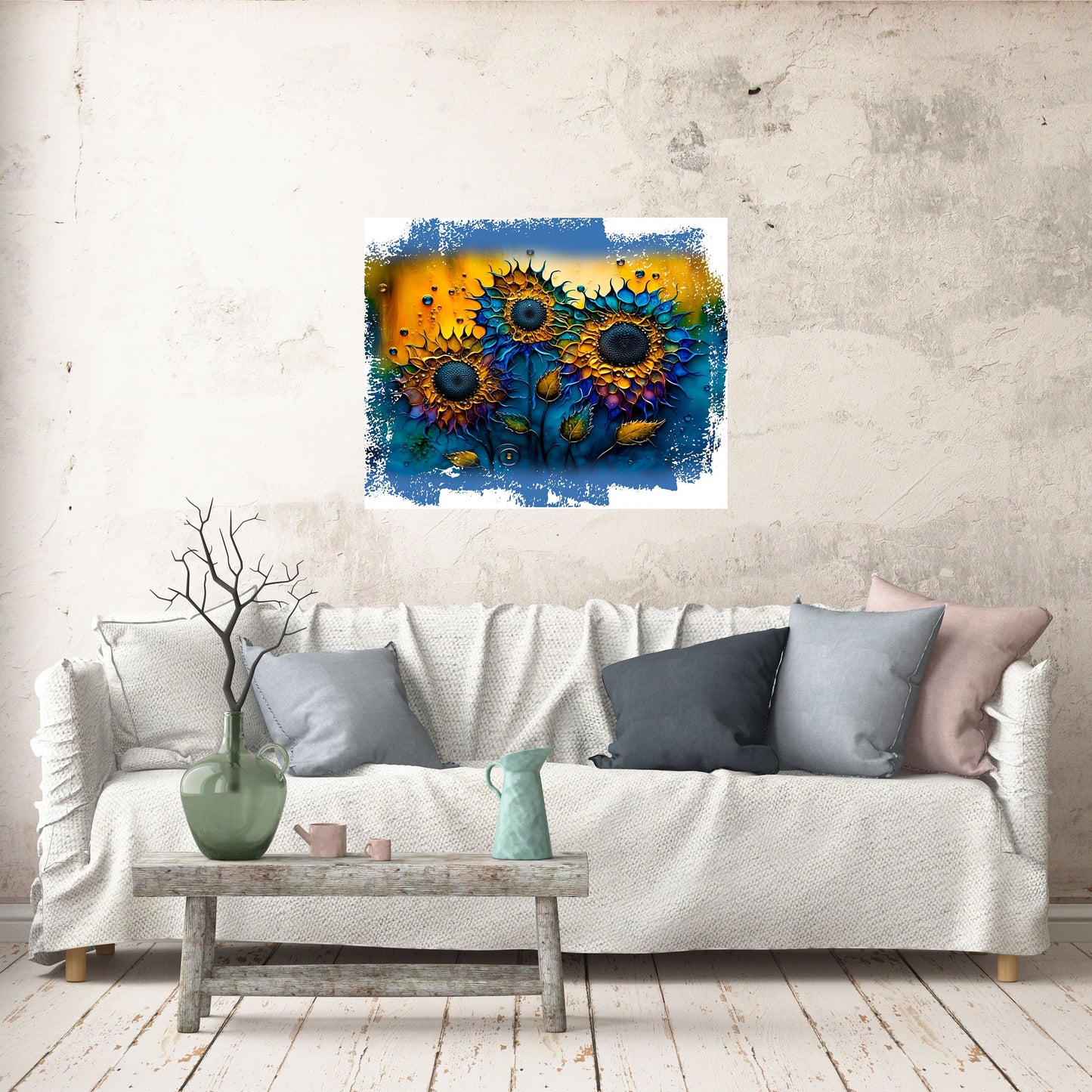 16x20 Sunflowers in Blue Floral Wall Art Canvas Print