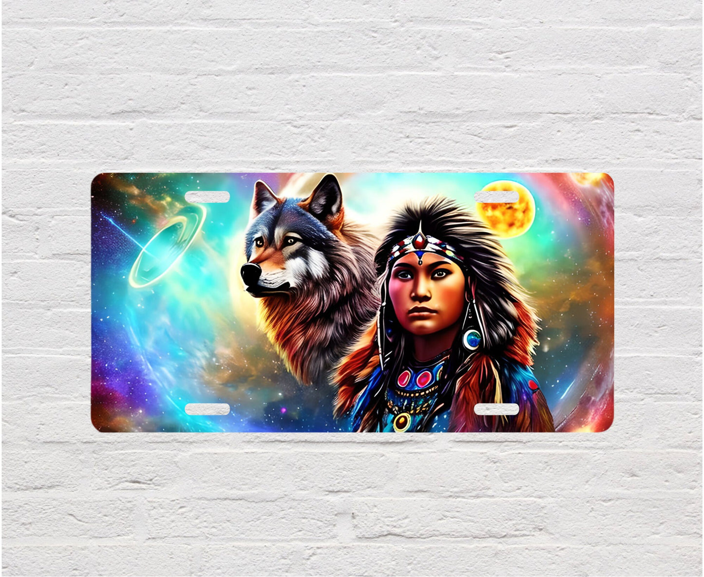 Native American Wolf Girl Vanity Aluminum Front License Plate Car Accessory