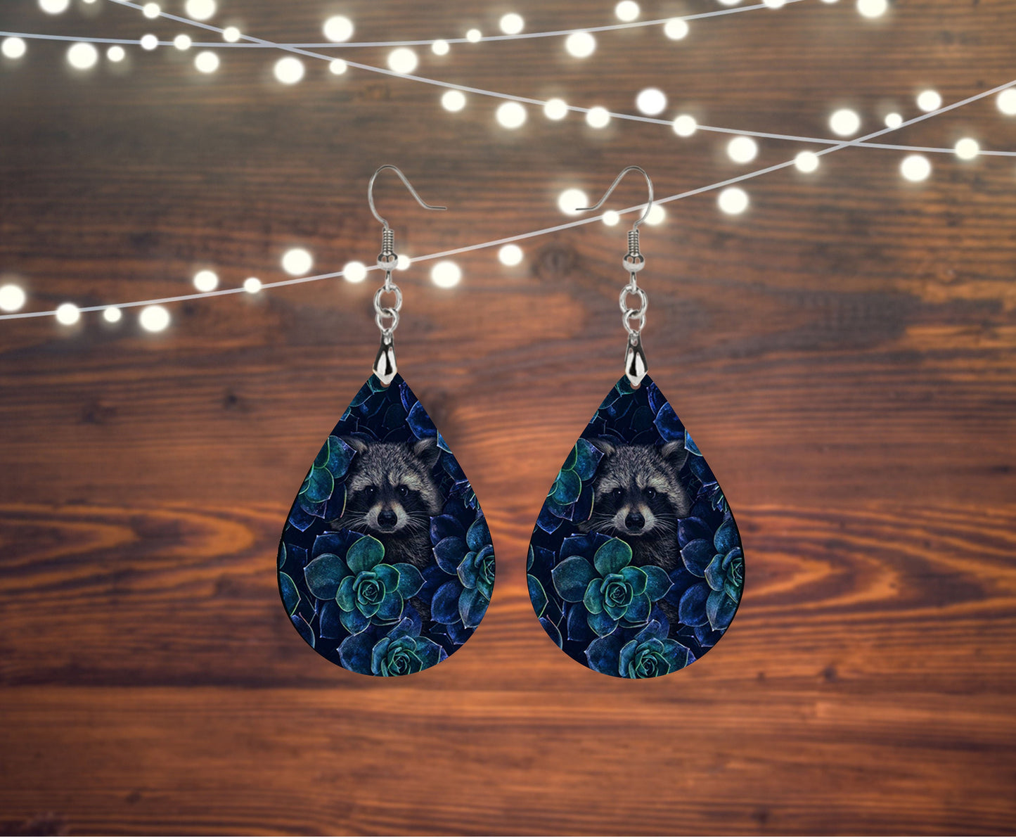 Raccoon Hiding Print Tear Drop Dangle Printed Earrings Jewelry Handmade