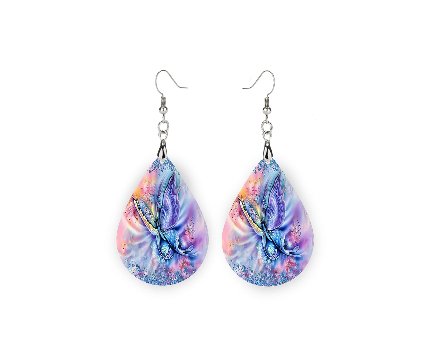 Rainbow Butterfly Print Tear Drop Dangle Printed Earrings Jewelry Handmade