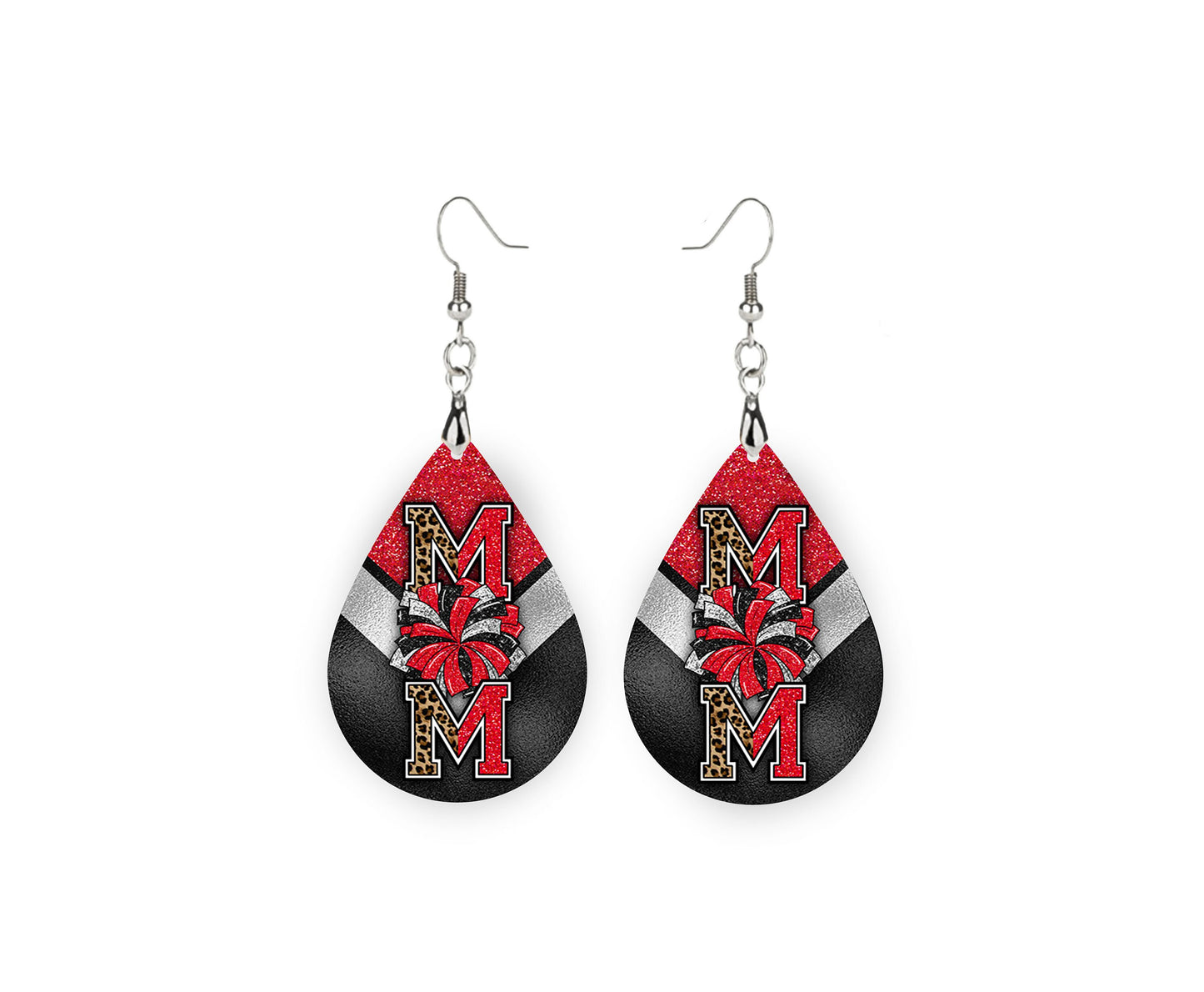 Cheer Mom Earrings, Red and Black Wood Print Tear Drop Dangle Printed Earrings Jewelry Handmade