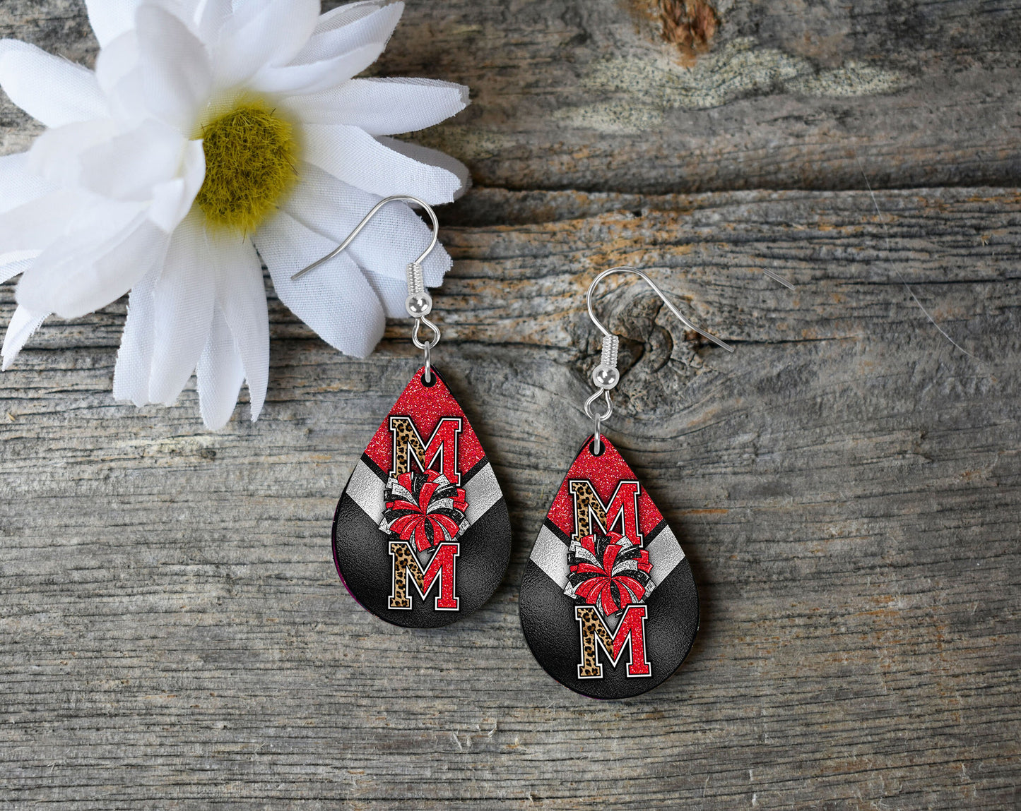 Cheer Mom Earrings, Red and Black Wood Print Tear Drop Dangle Printed Earrings Jewelry Handmade