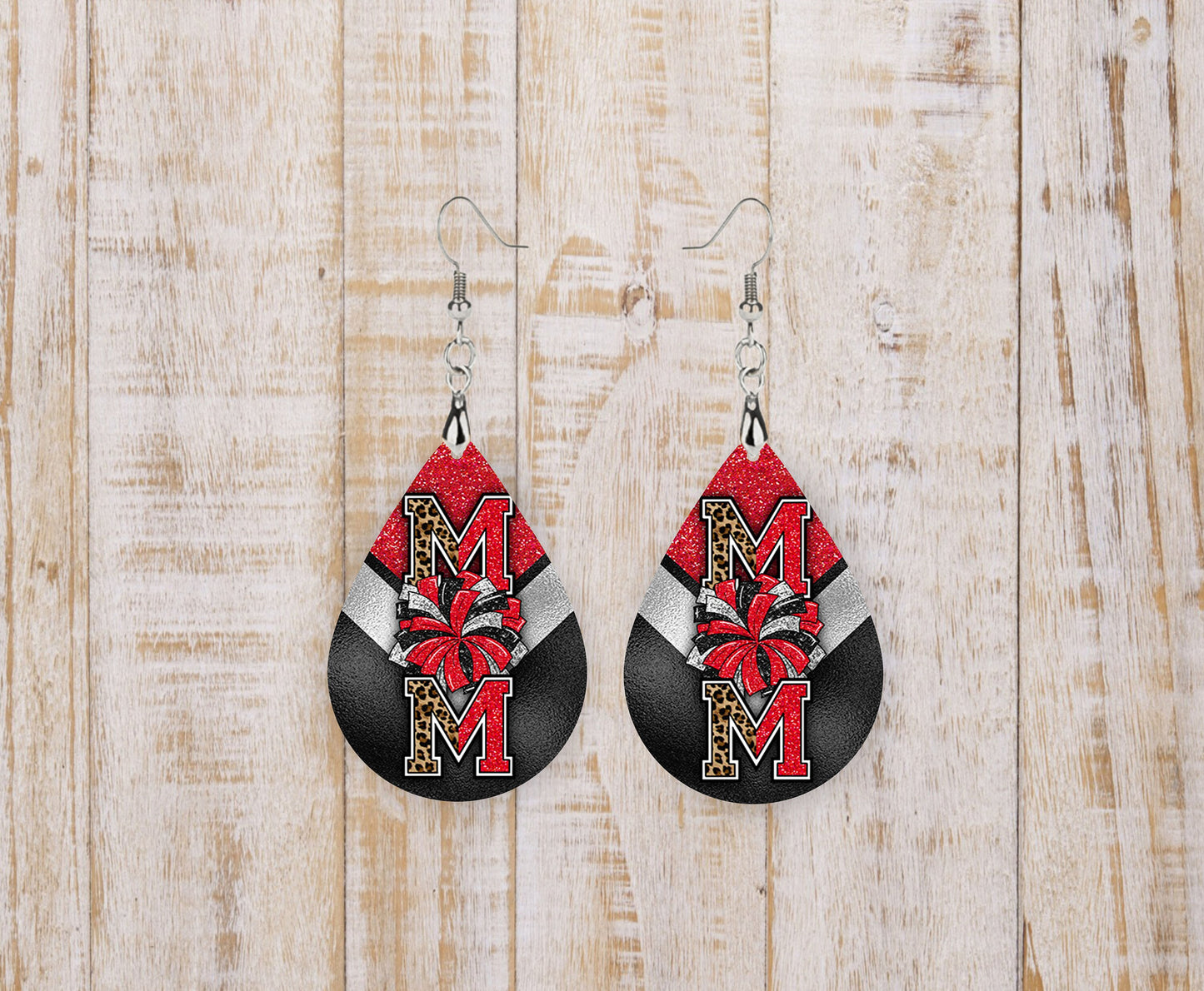 Cheer Mom Earrings, Red and Black Wood Print Tear Drop Dangle Printed Earrings Jewelry Handmade