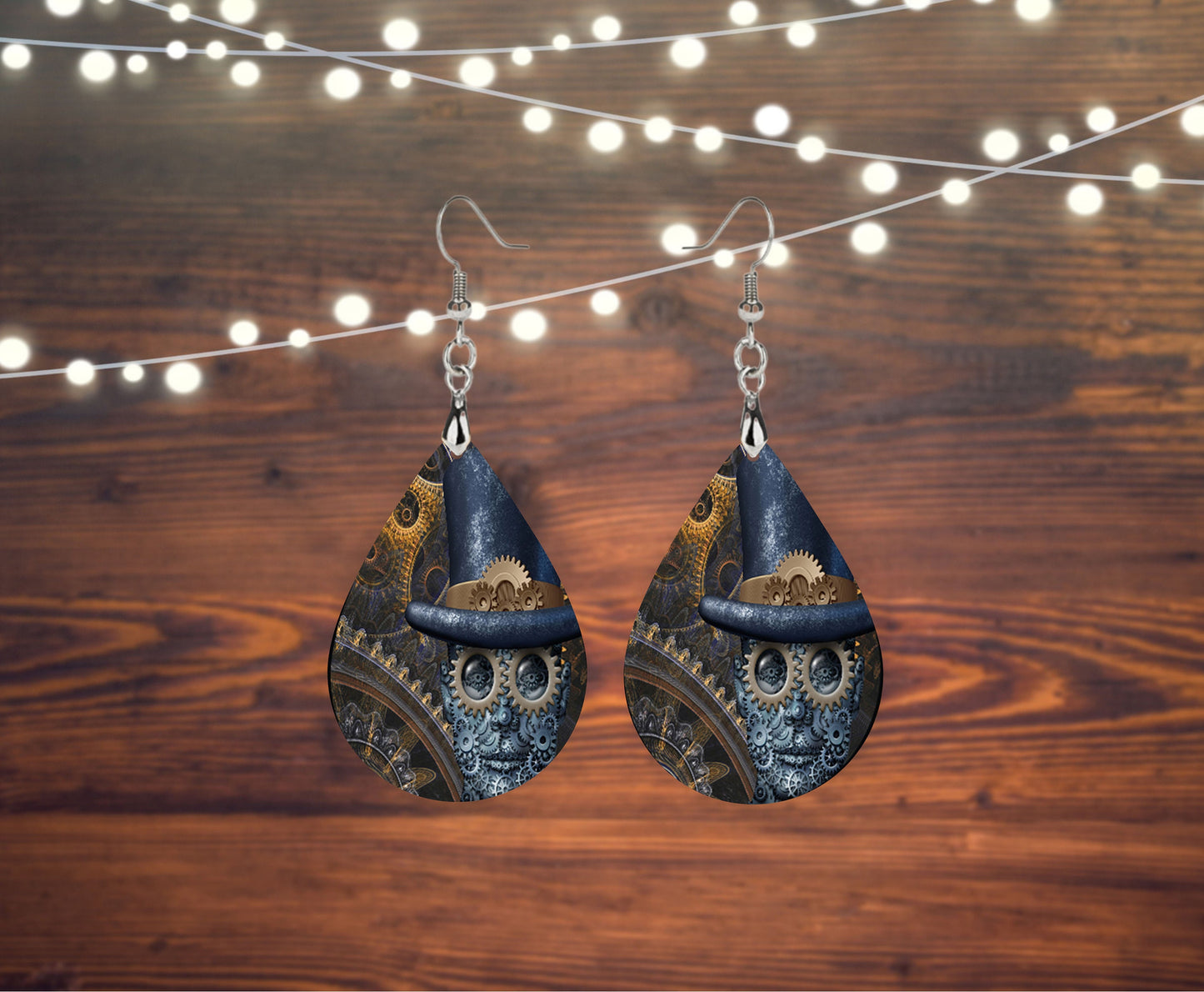 Steampunk Boy Print Tear Drop Wood Dangle Earrings Hypoallergenic Jewelry