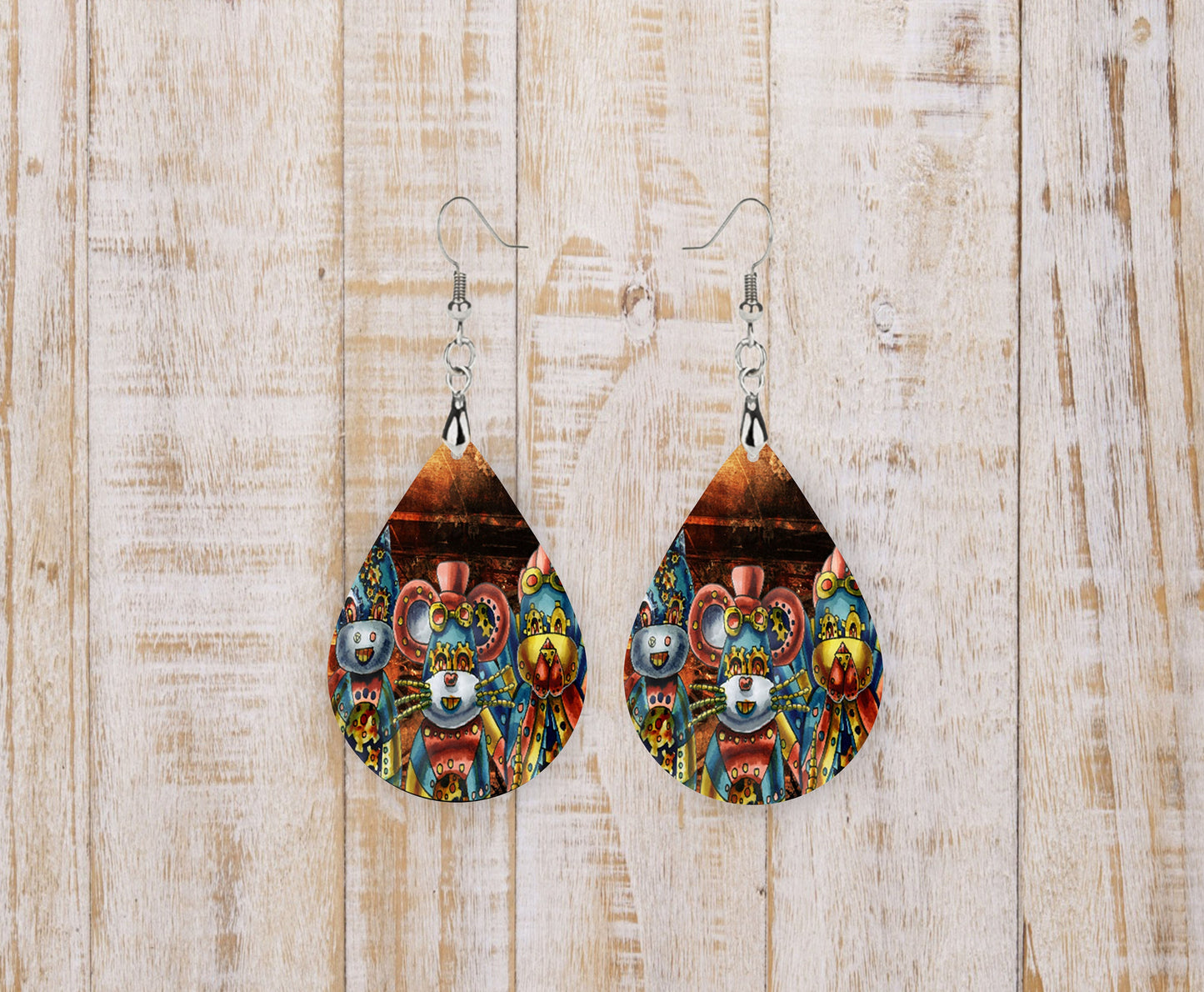 Steampunk Mouse Print Tear Drop Wood Dangle Earrings Hypoallergenic Jewelry