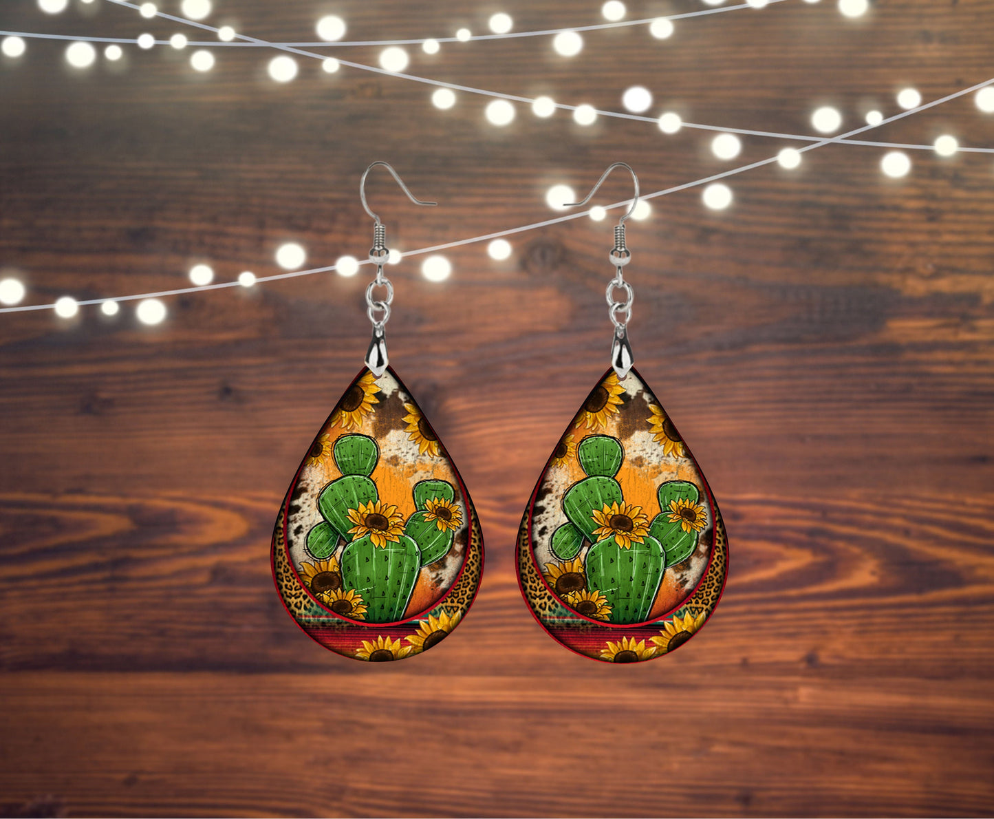 Sunflower Cactus Wood Print Tear Drop Dangle Printed Earrings Jewelry Handmade