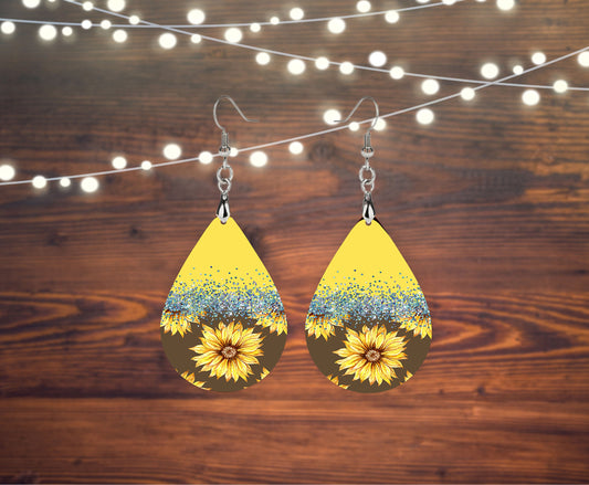 Sunflower in Yellow Wood Print Tear Drop Dangle Printed Earrings Jewelry Handmade