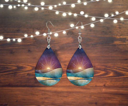 Sunset Abstract Wood Print Tear Drop Dangle Printed Earrings Jewelry Handmade