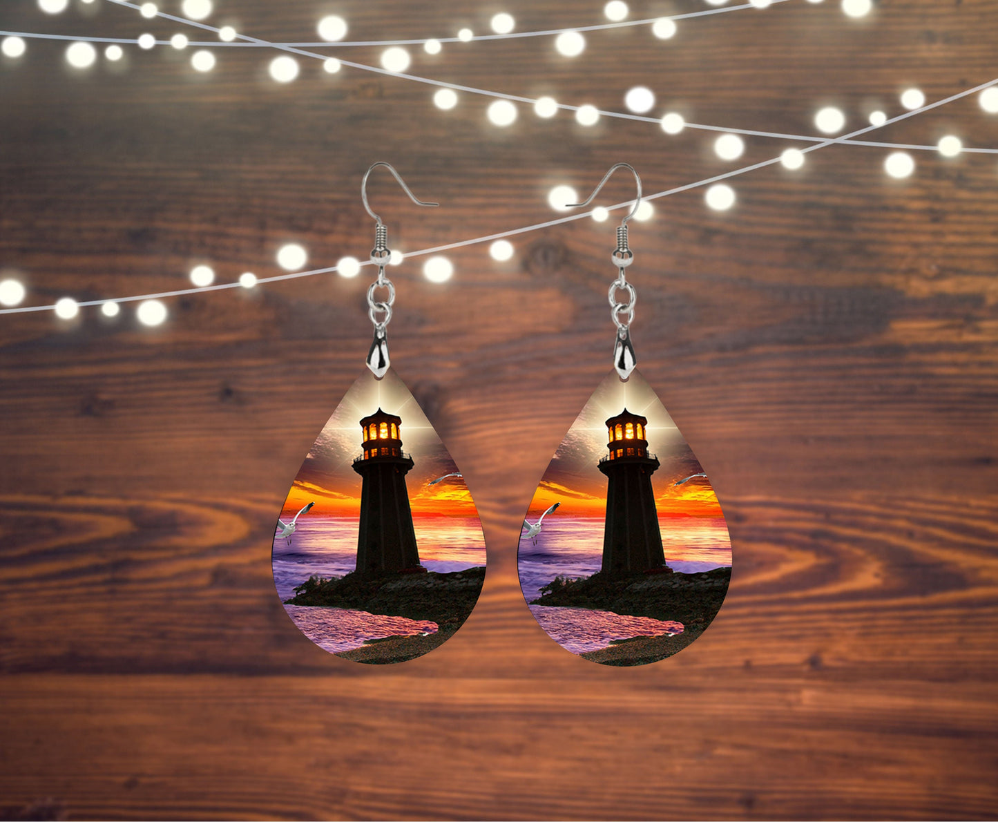 Sunset Lighthouse Wood Print Tear Drop Dangle Printed Earrings Jewelry Handmade