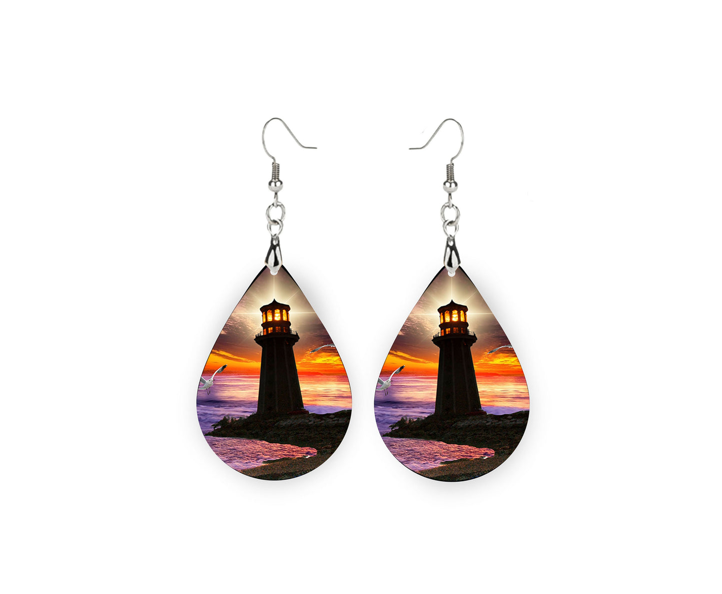 Sunset Lighthouse Wood Print Tear Drop Dangle Printed Earrings Jewelry Handmade