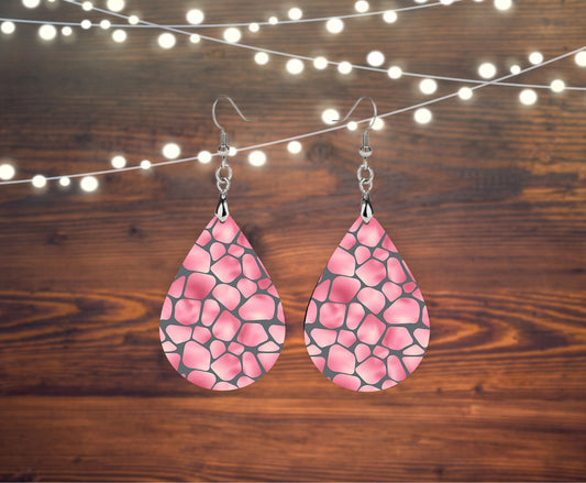 Pink Giraffee Print Tear Drop Dangle Printed Earrings Jewelry Handmade