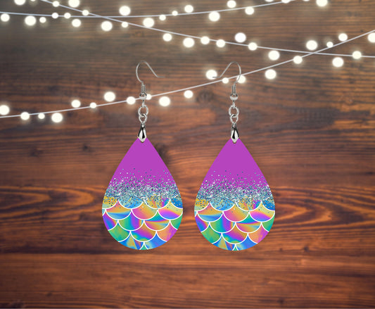 Purple Mermaid Scales Print Tear Drop Dangle Printed Earrings Jewelry Handmade