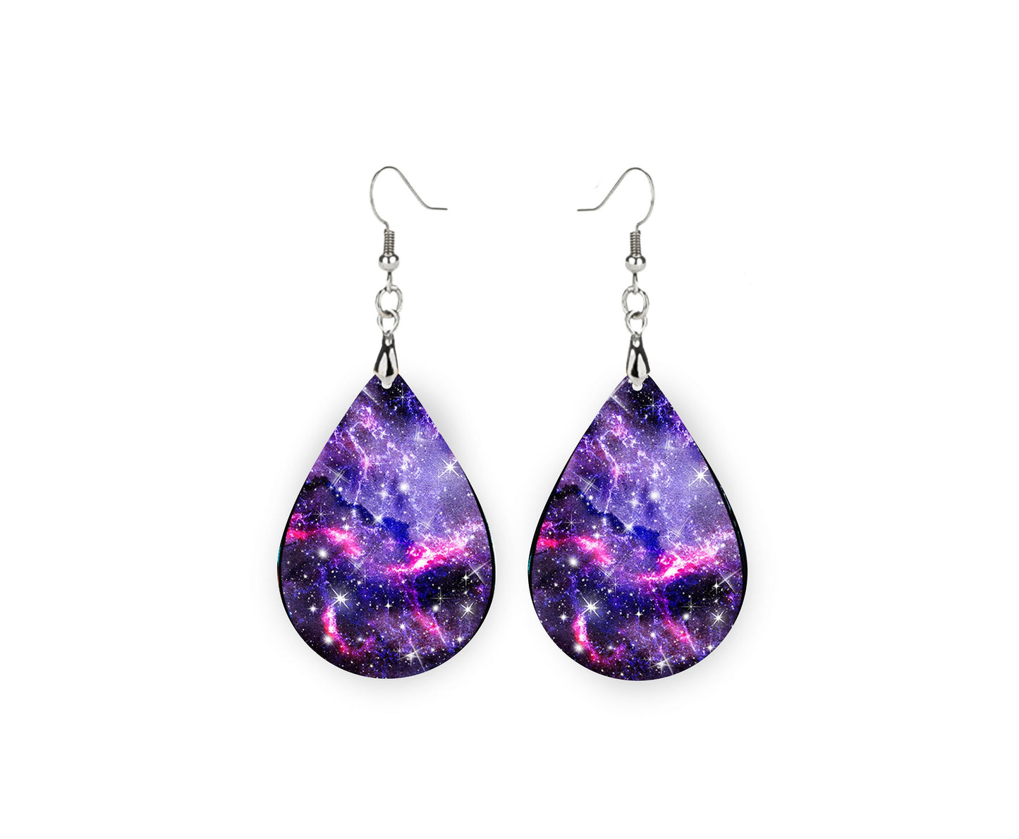 Purple Galaxy Print Tear Drop Wood Dangle Earrings Hypoallergenic