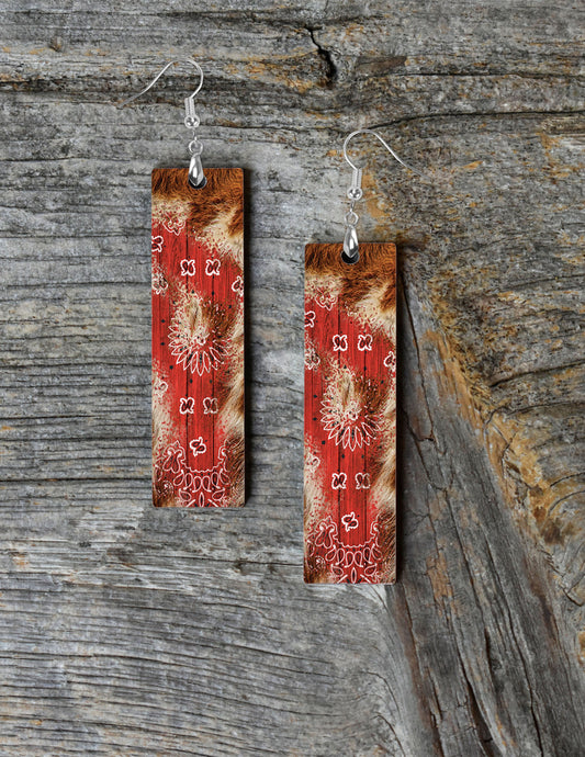 Red Bandana and Cowhide Print Western Bar Dangle Printed Earrings Jewelry Handmade