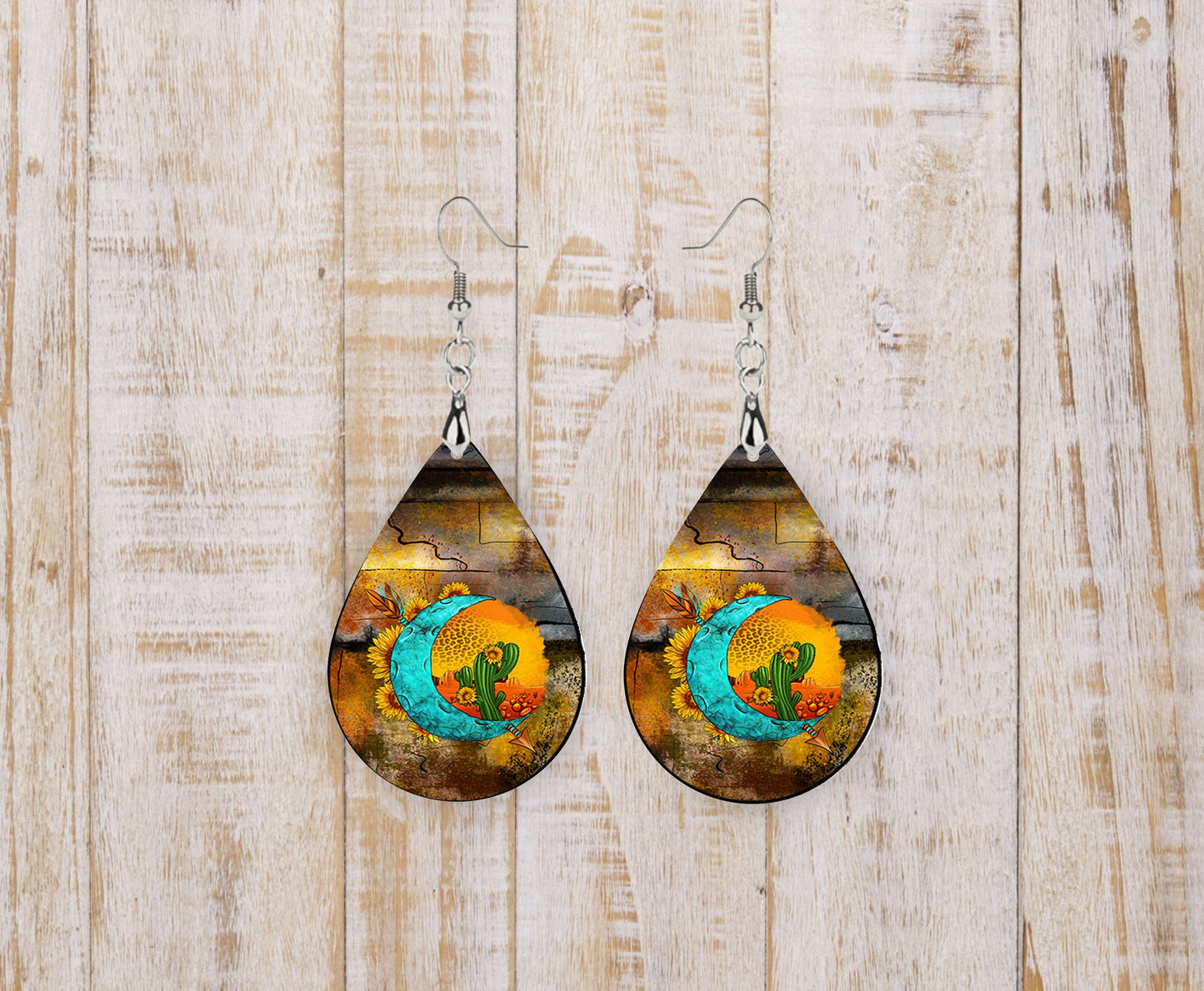 Turquoise Moon Print Blessed Mom Print Tear Drop Wood Dangle Earrings Hypoallergenic Jewelry