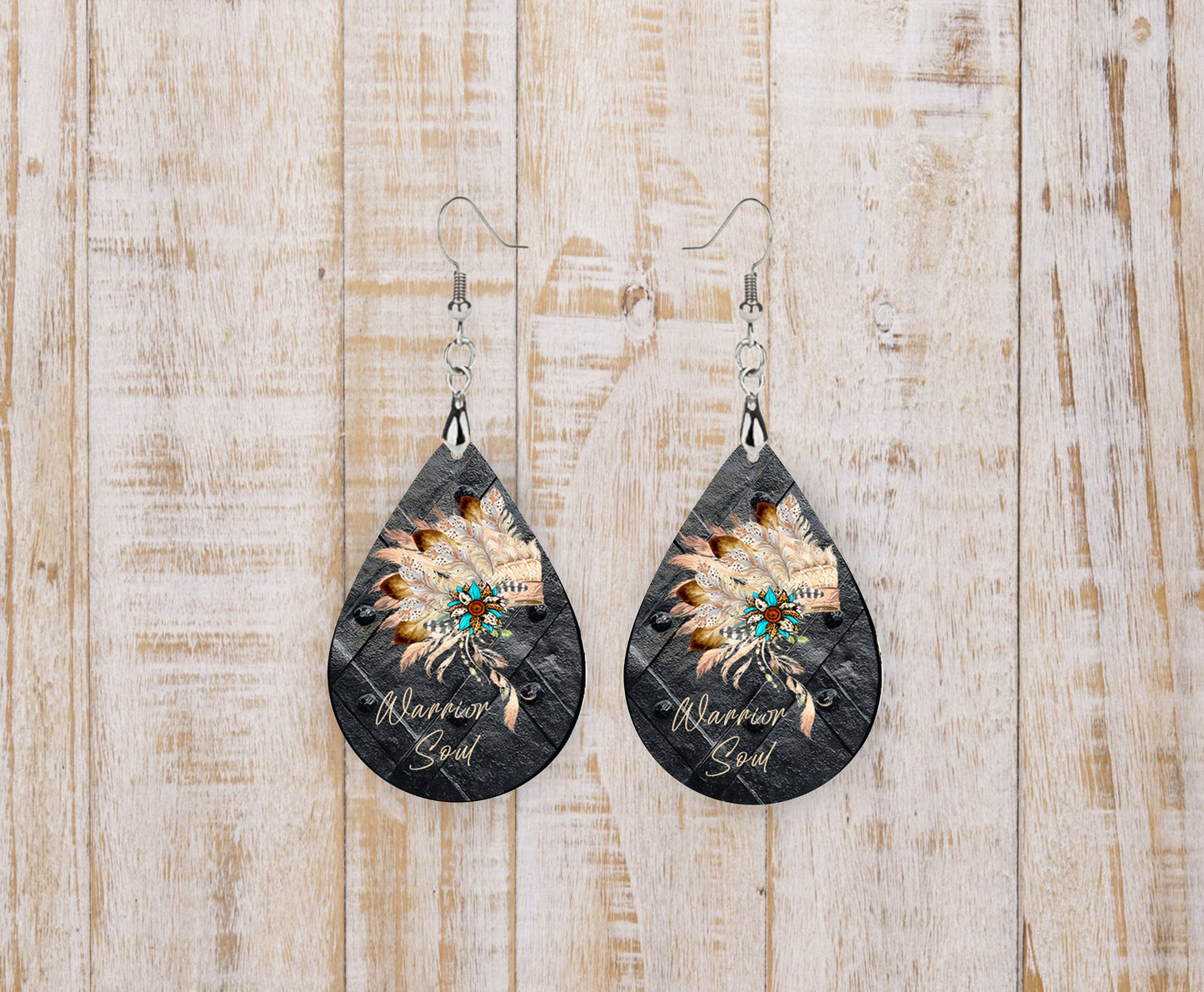 Warrior Soul Print Tear Drop Wood Dangle Earrings Hypoallergenic Jewelry