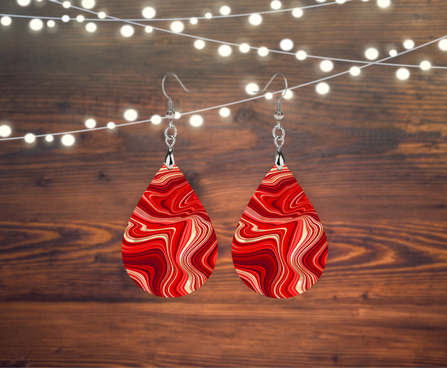 Red Agate Print Tear Drop Wood Dangle Earrings Hypoallergenic Jewelry