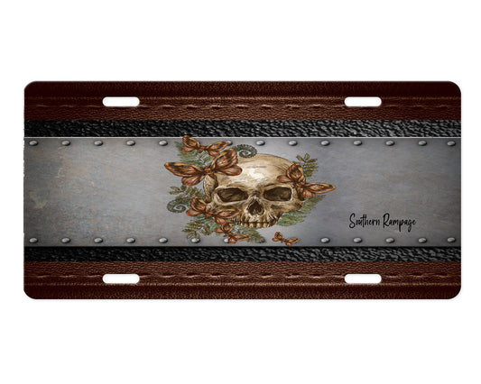 Skull & Leather Vanity Decorative Front License Plate - Cute Car License Plate Made in the USA - Aluminum Metal Plate - Front Plate for Car