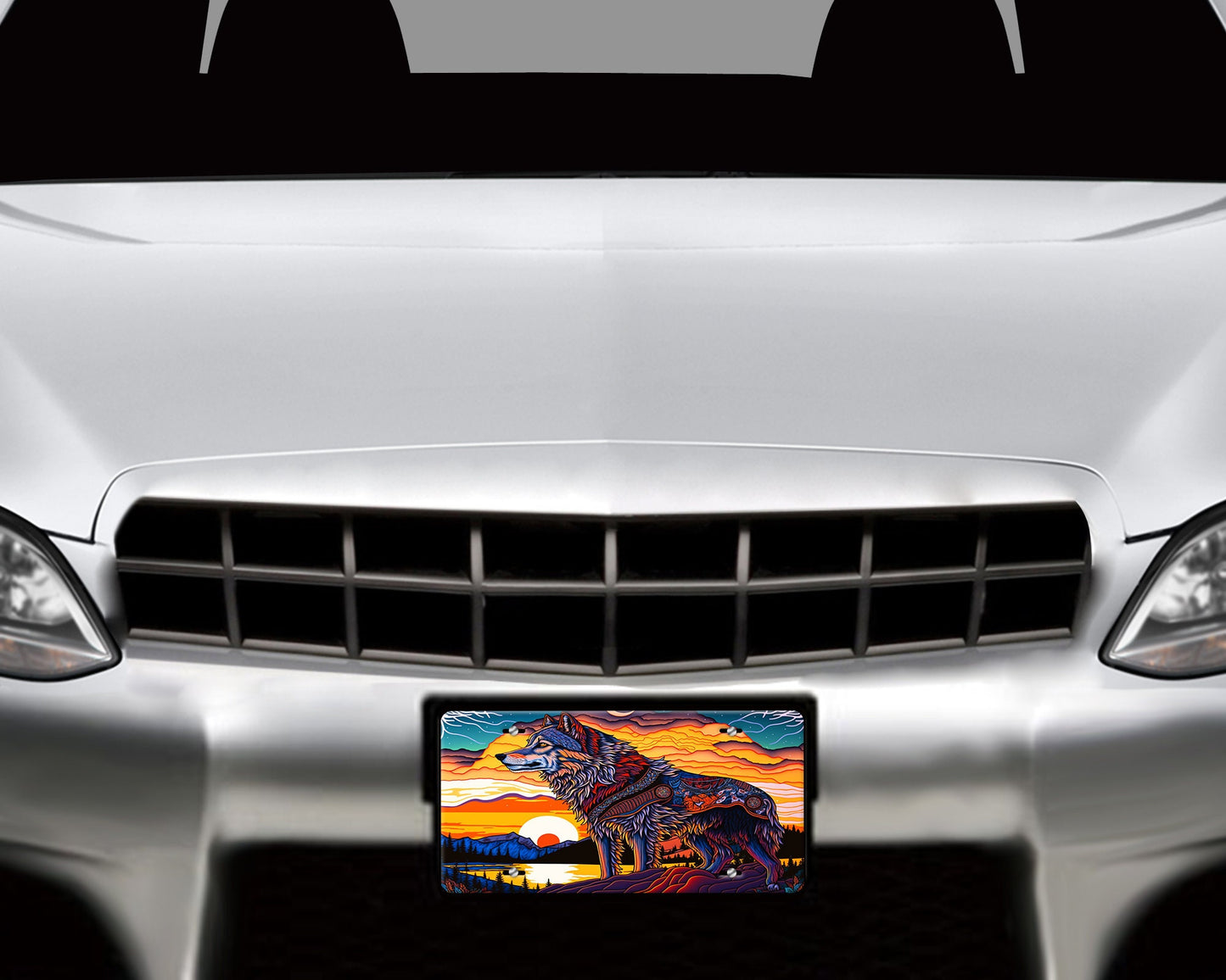 Sunset Wolf Vanity Decorative Front License Plate - Cute Car License Plate Made in the USA - Aluminum Metal Plate - Front Plate for Car