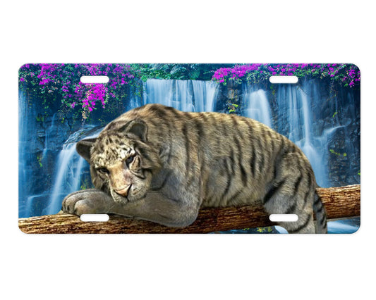 Tiger Waterfall Vanity Decorative Front License Plate - Cute Car License Plate Made in the USA - Aluminum Metal Plate - Front Plate for Car