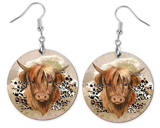 Highland Cow Leopard Print Western Round Printed Wood Dangle Earrings Jewelry